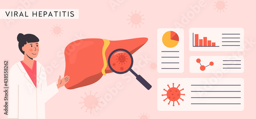 Liver Organ with magnifying glass and Hepatic Bacteria. Viral Hepatitis Cure. Researcher studying liver. Consulting female doctor. Hepatology. Horizontal banner template. Flat Vector Illustration.