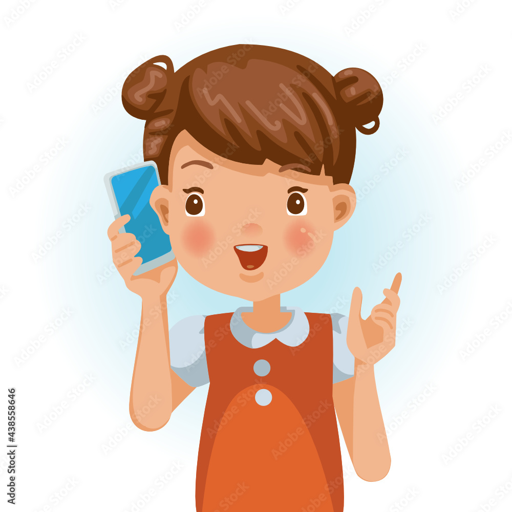 Small girls use mobile phones to talk to positive emotions. Little girl talking on phone.