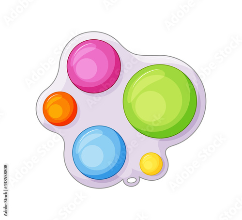 Simple Dimple antistress toy on white background. Antistress toys fidget sensory pop it and simple dimple in hand. 5 color. Vector illustration