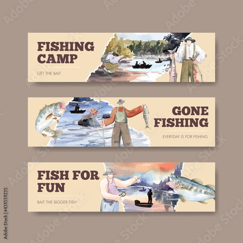 Banner template with fishing camp concept,watercolor style