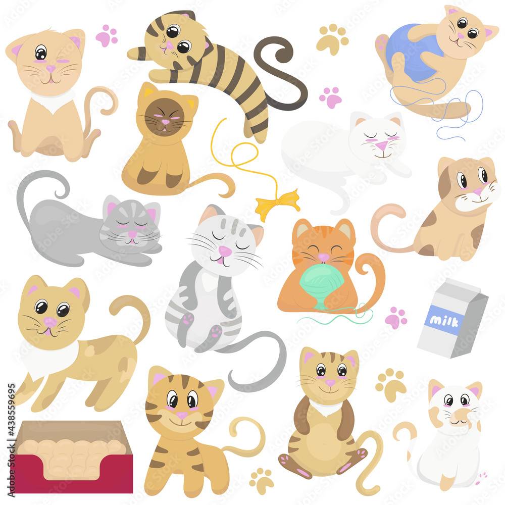 big set of cute kittens and their toys, vector illustration in flat style, pet