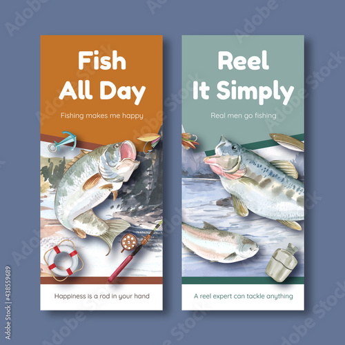 Flyer template with fishing camp concept,watercolor style