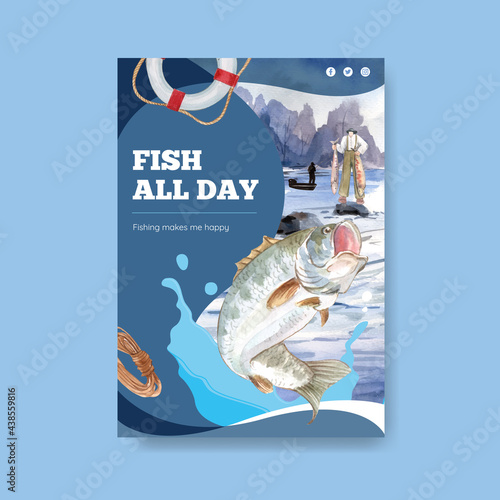 Poster template with fishing camp concept,watercolor style