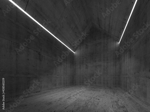 Abstract empty dark concrete interior with LED lines