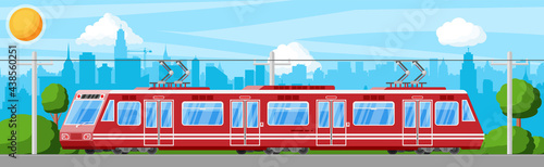 Modern Tram Train Passenger Streetcar Cityscape. City Light Rail Tramcar. Urban Electric Transport. Passenger Express Railway. Railroad Public Transportation. Rapid Transport. Flat Vector Illustration