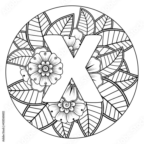 Letter x with Mehndi flower. decorative ornament in ethnic oriental style. coloring book page. 