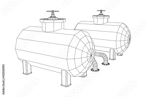 Oil tank storage of flammable materials and pipeline with valve. Finance economy polygonal petrol production. Petroleum fuel industry transportation line. Wireframe low poly mesh vector illustration.
