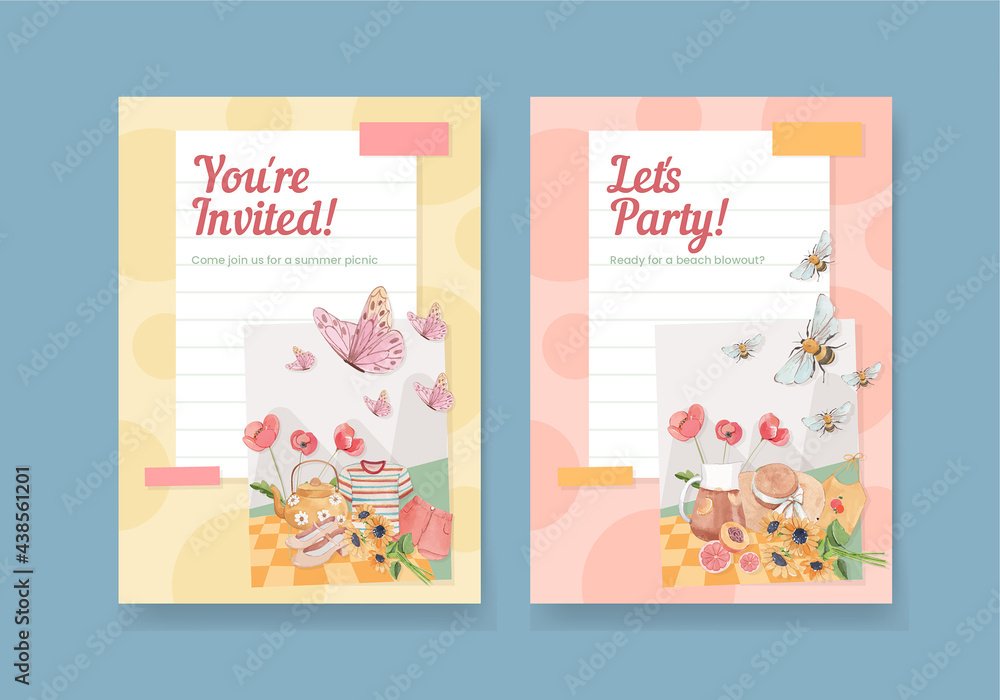 Card template with summer cottagecore concept,watercolor style