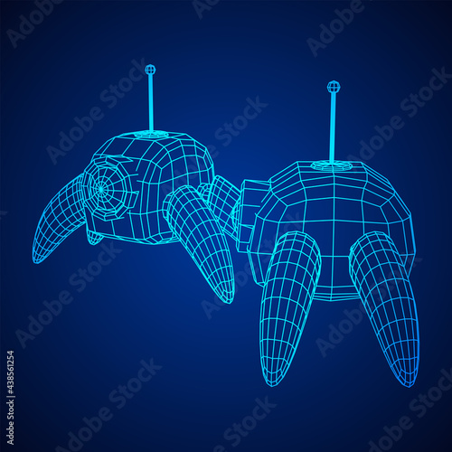 Spider robot with radar antenna. Nanobot, nanotechnology medical concept. Wireframe low poly mesh vector illustration