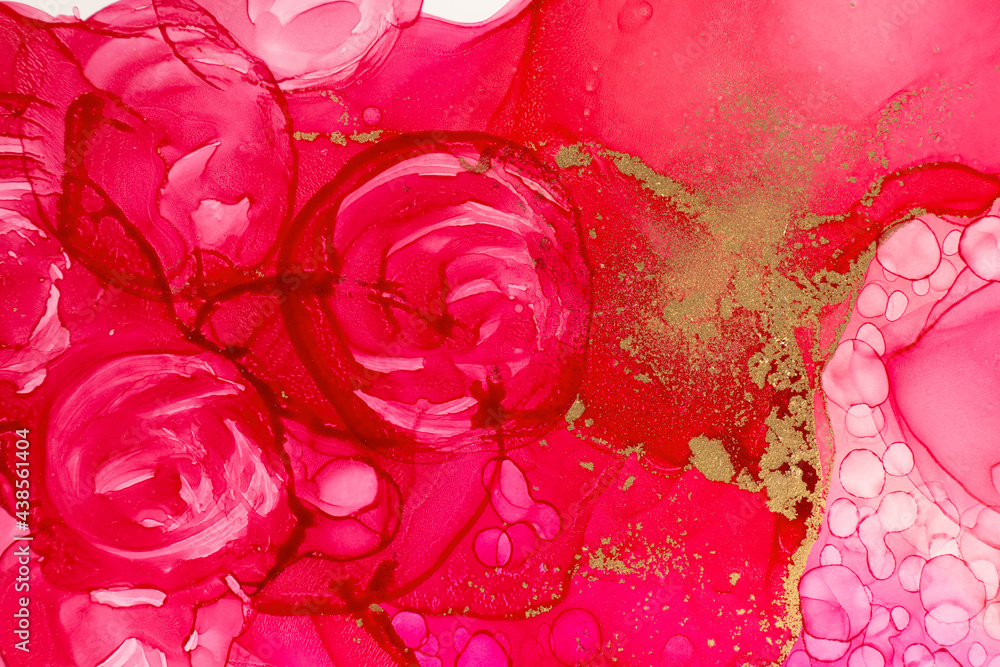 Abstract red watercolor ink gradient drops with golden glitter. Abstract red watercolor ink gradient drops with golden glitter.