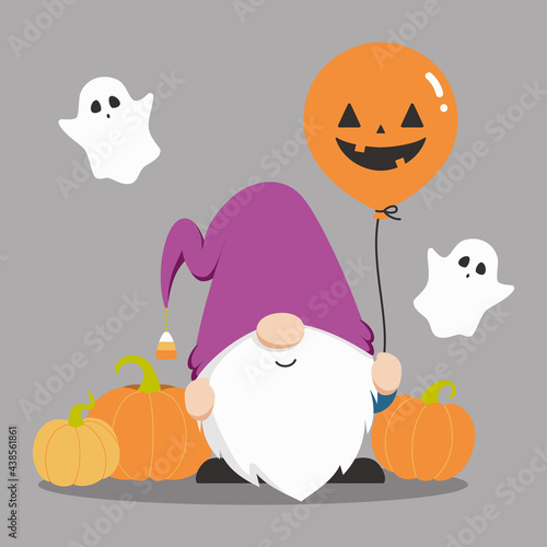 Cute Scandinavian gnome holding Halloween balloon, and little ghosts and pumpkins. Flat cartoon style vector illustration.