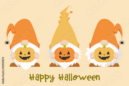 Trio of cute Scandinavian gnomes in Halloween costume, holding pumpkins. Flat cartoon style vector illustration of Halloween themed Scandinavian gnomes.