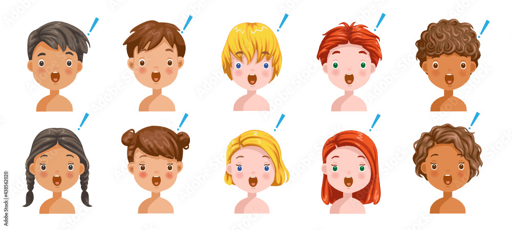 Boys and girls set emotions, feelings of Shocked, Surprised The face of the child is confused. Different nationalities are different. Variety of children. Boys and girls set emotions, feelings of Shocked, Surprised The face of the child is confused. Different nationalities are different. Variety of children.