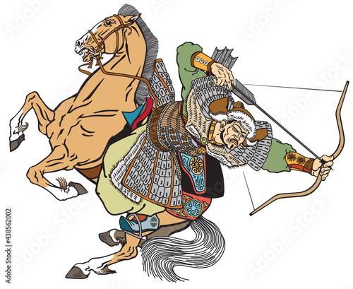 Mongol archer warrior on a horseback riding a pony horse and shooting a bow and arrow. Medieval time of Genghis Khan. Ancient East Asian cavalry. Isolated vector illustration