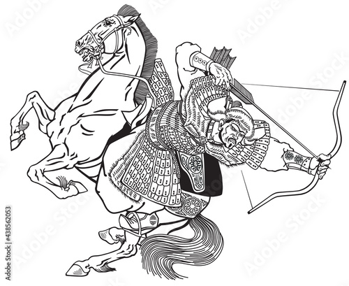 Mongol archer warrior on a horseback riding a pony horse and shooting a bow and arrow. Medieval time of Genghis Khan. Ancient East Asian cavalry. Isolated vector illustration. Black and white