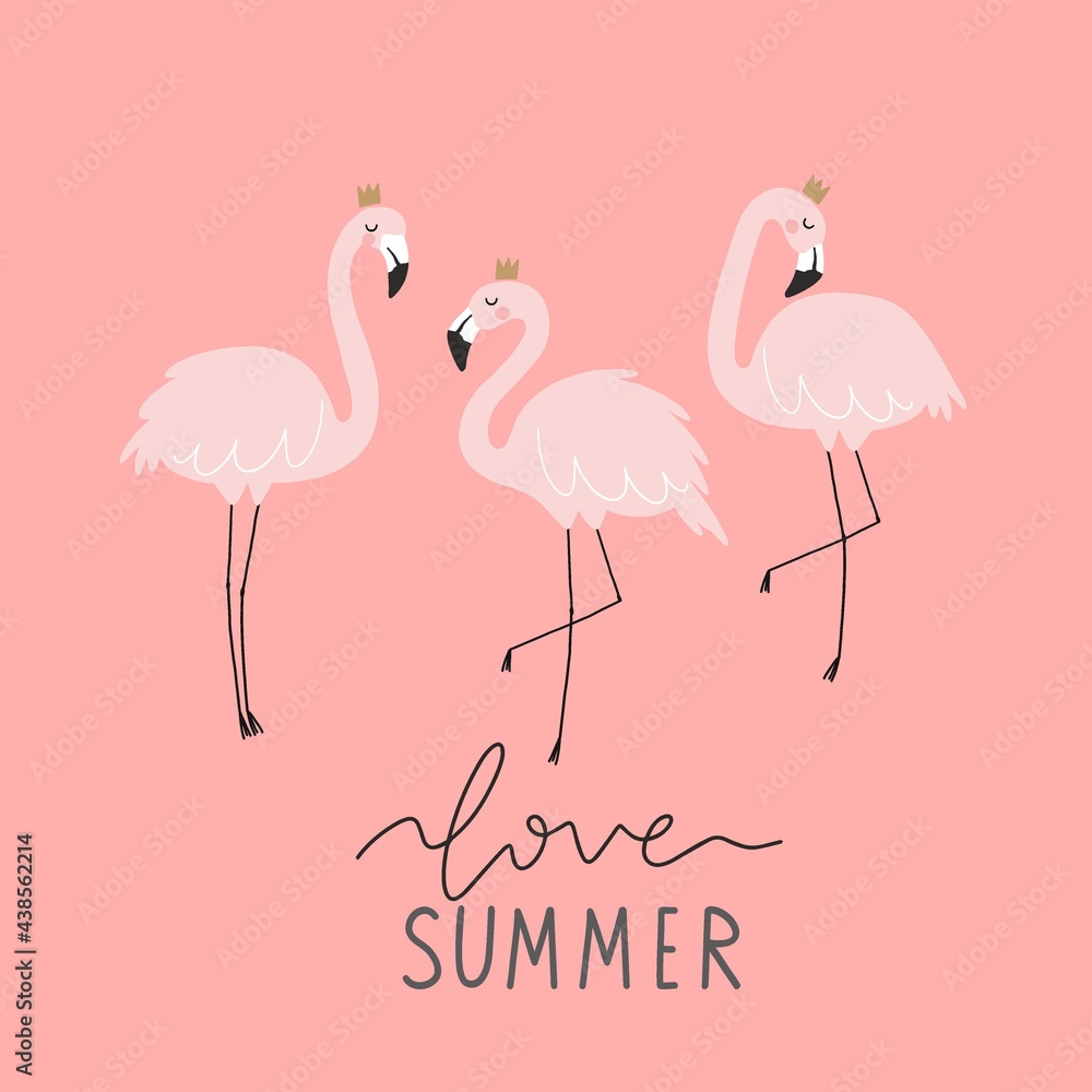 Obraz premium Summer tropical print with pink flamingos. Cute Exotic Flamingo character. Love summer