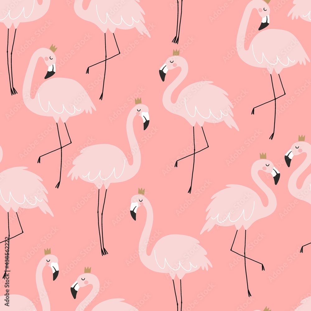 Obraz premium Summer tropical print with pink flamingos. Cute Exotic Flamingo character. Vector seamless pattern. 