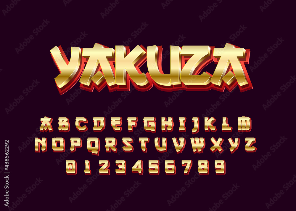 Vecteur Stock 3d bold modern gold typeface, vibrant cool text effect,  japanese graffiti alphabet template | Adobe Stock