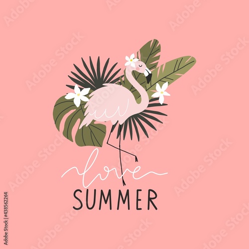 Summer tropical print with pink flamingos. Cute Exotic Flamingo character. Love summer