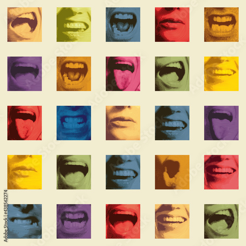 Creative seamless pattern with a collage of colored square fragments that depict human mouths expressing various emotions. Bright vector background in retro style. Wallpaper, wrapping paper, fabric