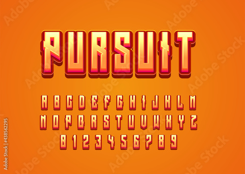 Pursuit 3d orange game logo text effect. set of vector alphabet and number with playful style for game, comic book, cartoon
