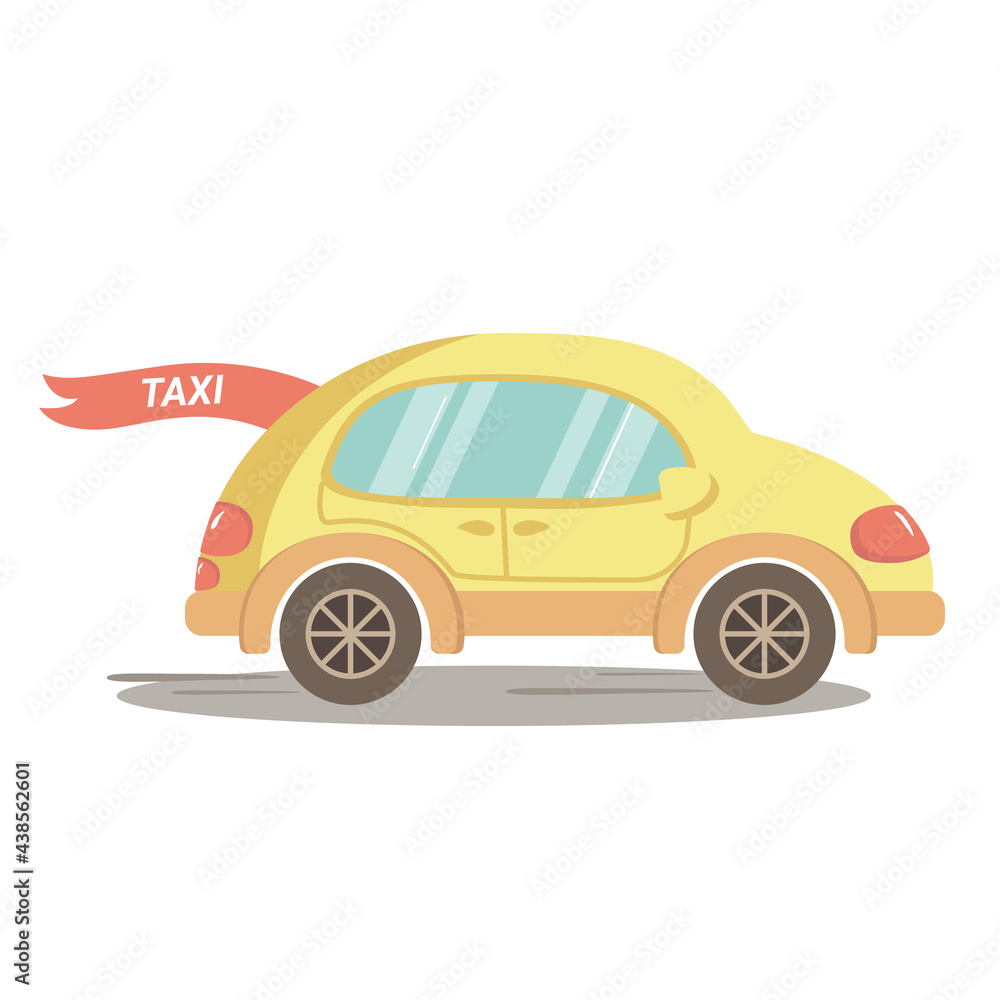 Obraz premium A little yellow car is driving down the road. Fast Delivery, Cab, Taxi.