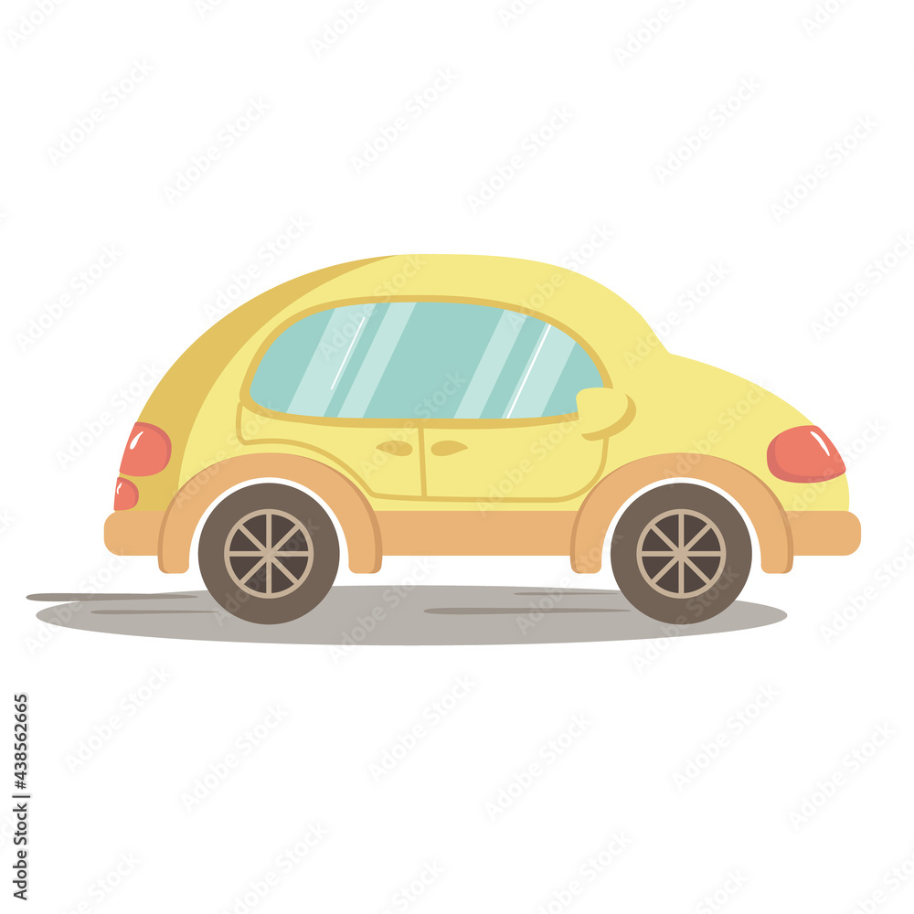 Fototapeta premium A little yellow car is driving down the road. Fast Delivery, Cab, Taxi.
