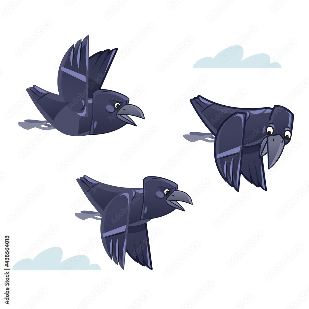 Fototapeta premium Cartoon flocks of crows flying in the sky. Vector illustration isolated on white background