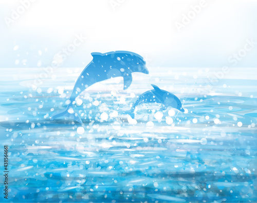 Vector  blue sea  and jumping dolphins.