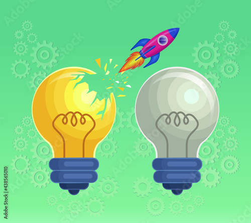 Rocket launch break on light bulb symbol of idea. On and off light bulb vector illustration.