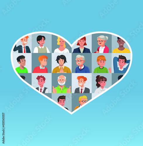 Heart shaped collage pictures portrait of young and elderly senior people avatars expression vector illustration.
