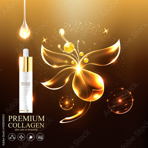 Collagen Gold Serum and Vitamin Premium Background Effect for Skin Care Cosmetic Poster.