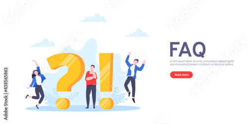 Q and A or FAQ concept with tiny people characters, big question and exclamation mark, frequently asked questions template. Answers business support concept flat style design vector illustration.