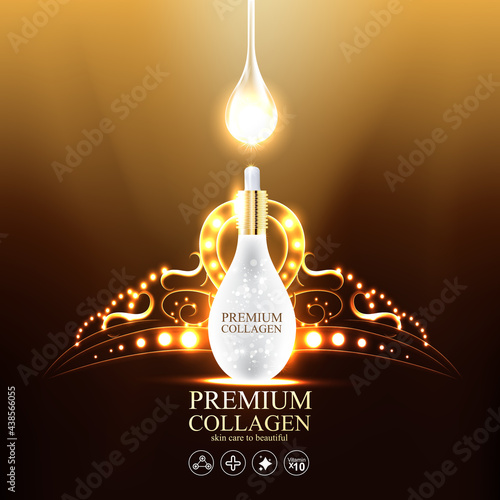 Collagen Gold Serum and Vitamin Premium Background Effect for Skin Care Cosmetic Poster.