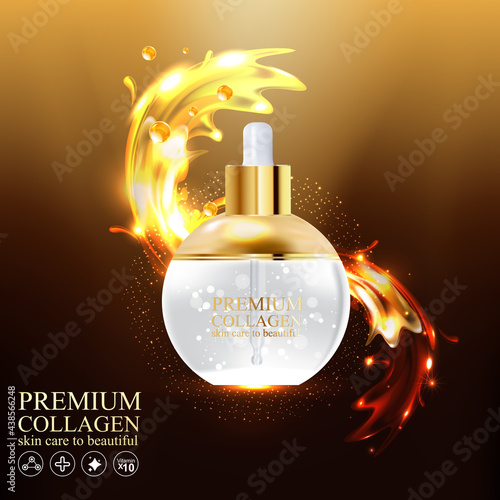 Collagen Gold Serum and Vitamin Premium Background Effect for Skin Care Cosmetic Poster.