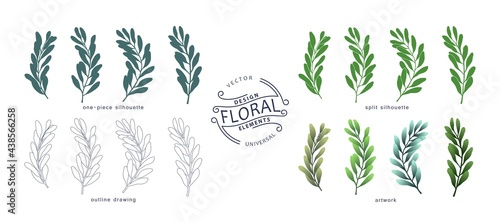 Set of floral design elements. Botanical collection of branches and leaves in various graphic styles. Vector template