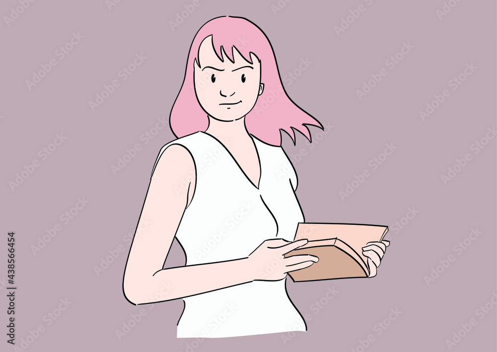 The girl who was reading a book turned around with a smile. Hand drawn style vector design illustrations.