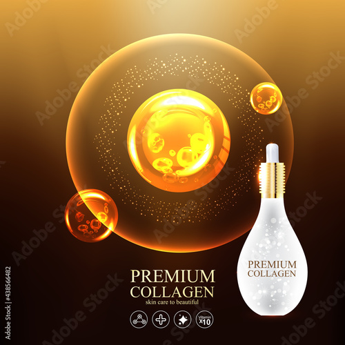 Collagen Gold Serum and Vitamin Premium Background Effect for Skin Care Cosmetic Poster.