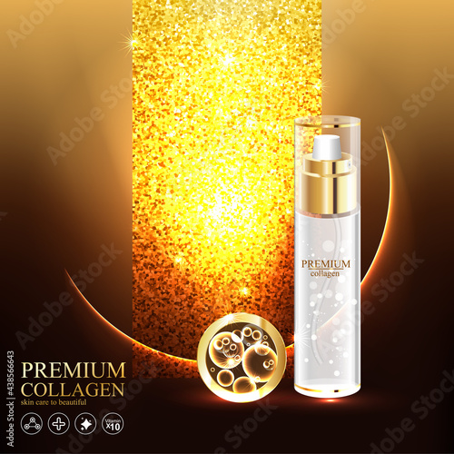 Collagen Gold Serum and Vitamin Premium Background Effect for Skin Care Cosmetic Poster.