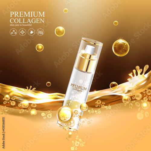 Collagen Gold Serum and Vitamin Premium Background Effect for Skin Care Cosmetic Poster.