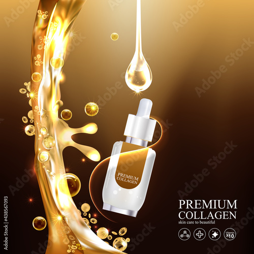 Collagen Gold Serum and Vitamin Premium Background Effect for Skin Care Cosmetic Poster.