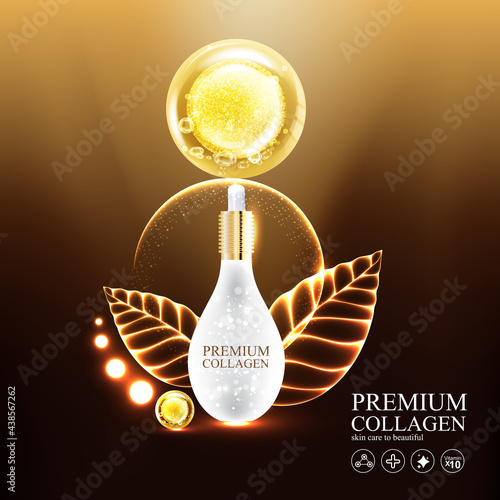 Collagen Gold Serum and Vitamin Premium Background Effect for Skin Care Cosmetic Poster.