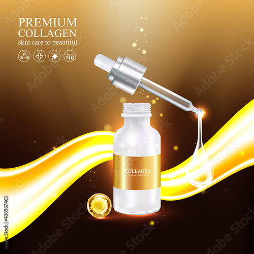 Collagen Gold Serum and Vitamin Premium Background Effect for Skin Care Cosmetic Poster.