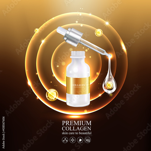 Collagen Gold Serum and Vitamin Premium Background Effect for Skin Care Cosmetic Poster.