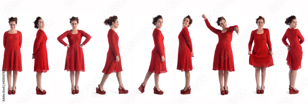 various poses of same woman with red dressed on white background various poses of same woman with red dressed on white background
