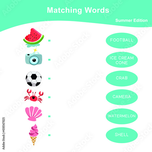 Matching words game summer edition. Matching words game for kids. Educational printable game cards. Preschool Education. Vector illustration.