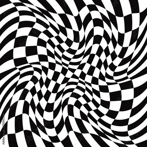 Checkered race twisted patern. Black and white f1 race canvas. Vector curl ornament flag. Checkered twisted squares.