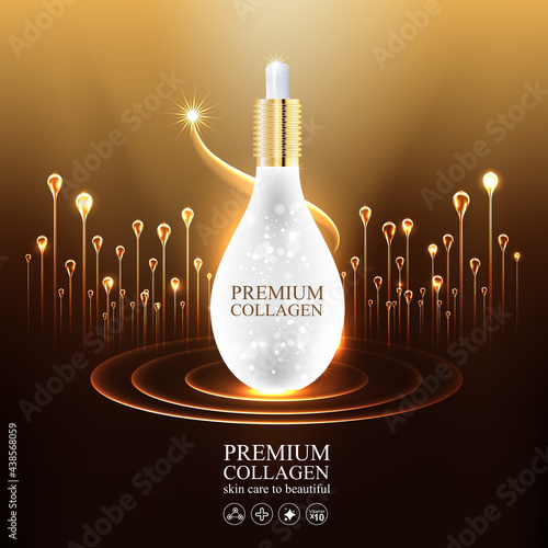 Collagen Gold Serum and Vitamin Premium Background Effect for Skin Care Cosmetic Poster.