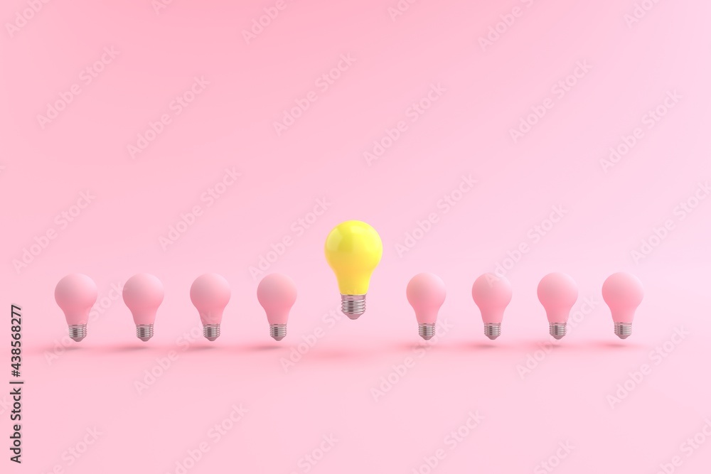 3D rendering of The yellow energy-saving lamp is floating on a pink light bulb placed on a pastel pink floor. and the pink background. concept for new ideas and Outstanding idea, illustration.