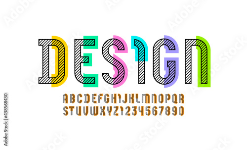 Concept modern font, urban trendy alphabet, stylish letters and numbers made of black lines and colored pieces, vector illustration 10EPS